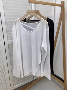 European Station Loose Lazy Caution Collar Sun Protection Clothing T-shirt Women's Western Style Split Long Sleeve All-match Slim Look Top for Summer