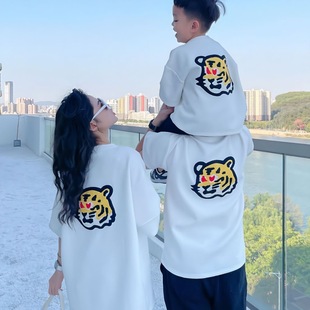 Cotton Parent-child Summer Dress Family of Three 2024 New Mother-child Dress Western Style Tiger Head Short Sleeve T-shirt for Men and Women