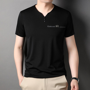 Mulberry Silk Short-Sleeved T-Shirt Men's V Neck Summer Pure Color Half-Sleeved Trendyy T-Shirt Middle-Aged Ice Silk Dad Summer Top