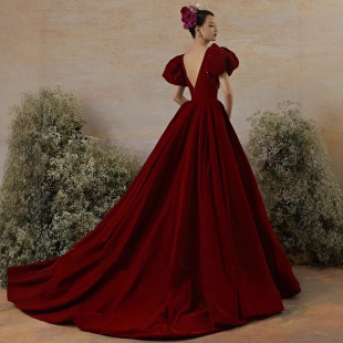 Bride's Engagement Toast 2024 New Wine Red Velvet Puff Sleeve Wedding Appreciation Banquet Elegant Evening Dress Spring