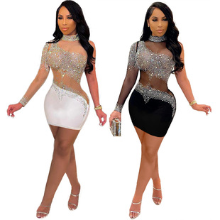 LD81072 Winter New European and American Women's Slim Fit Mesh Rhinestone High Neck Long Sleeve Sexy Dress Spot