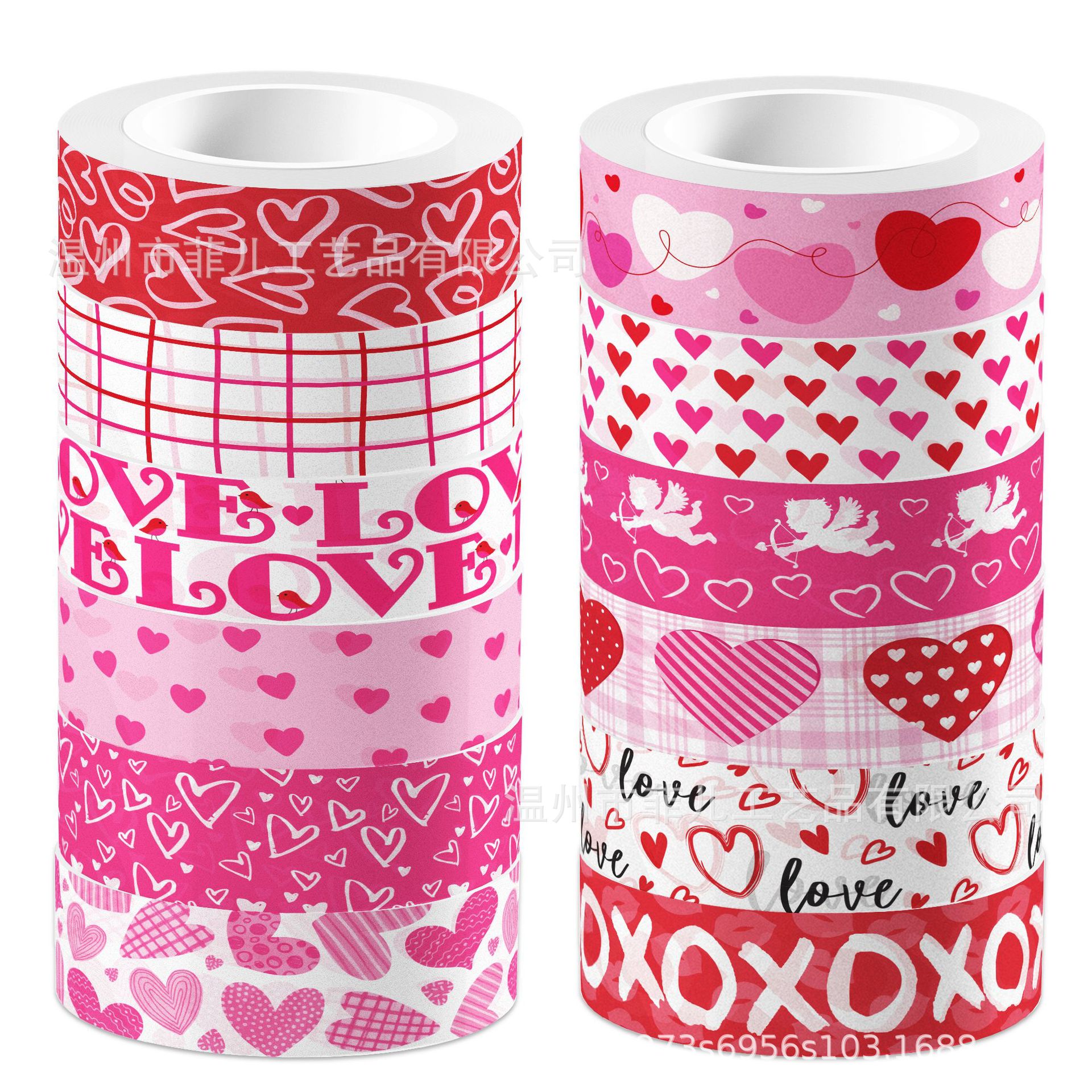 ZH174 Valentine's Day roll of self-adhesive washi tape for DIY crafts, featuring pink heart designs