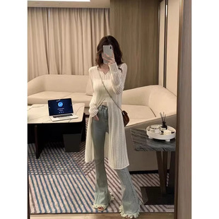 White Wool Knitwear Hollow Long Jacket Sweater Split Design Sunscreen Jacket European Products for 24 Years Summer