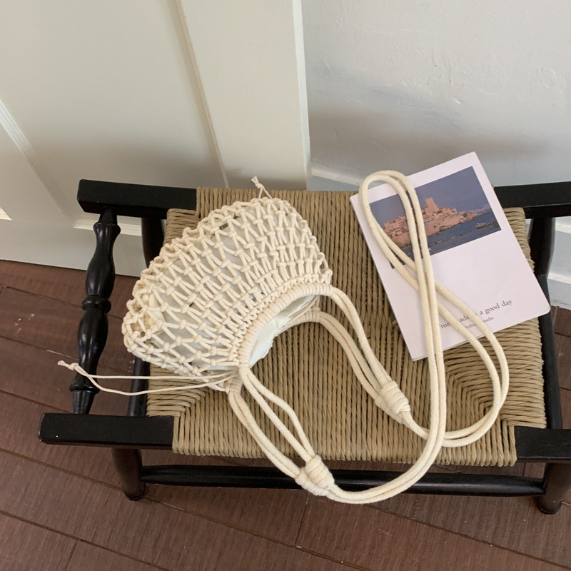 Korean cotton hand-woven fishing net bag, hollowed-out mesh shoulder bag, large capacity tote bag, vacation style beach bag