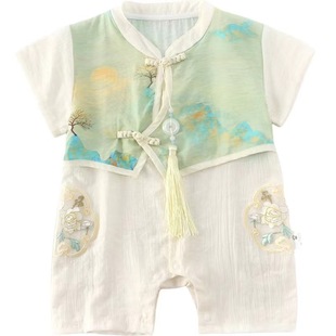 Baby Boy Baby Antique Fake Two-piece Landscape One-piece Suit 0-1 Year Old Baby Full Moon Climbing Suit