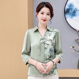New Chinese-style Printed Seven-sleeve Shirt for Middle-aged and Elderly Mothers New 2025 Stylish Loose Women's Shirt Top
