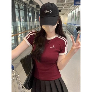 Three Shoulder Color-Shoulder Round Neck Short-Sleeved T-Shirt Women's Bm Hot Girls Slimming Embroidered White Short Top for Summer