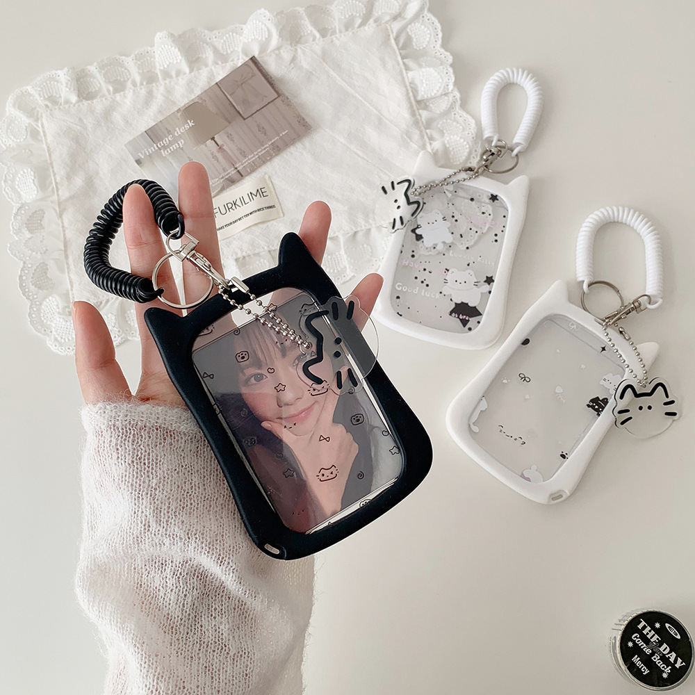 Hisocute Cat Ears Cute Transparent Lanyard Card Holder Student Campus Card Bus Card Protective Cover Pendant Card Holder