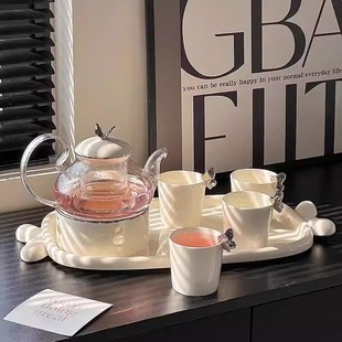 Light Luxury Nordic Style Flower Teapot suit Outdoor Casual Kettle Combination Color Glaze Ceramic Water Cup High Color Value housewarming gift