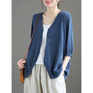 Ice Silk new half sleeve knitted cardigan sun protection clothing for women plus size loose versatile artistic Korean style slimming air conditioning shirt for women