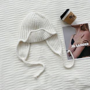 Korean department piece ~ face small solid color lace-up knitted wool flying cap female winter all-match ear protection student Lei Feng cap