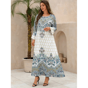 Middle East Cross-border Trade New Muslim Dress Print dress Ethnic Style Slim-fit Round Neck Robe