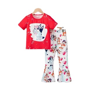 Cross-border INS Children and Girls Summer Round Neck Turtleneck Short Sleeve Cartoon Hot Stamping Top Horn Pants suit
