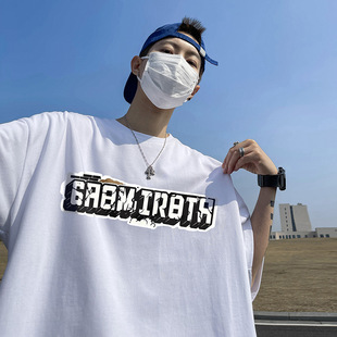 Heavy Cotton Summer Japanese Style Loose Men's Trendy Brand Short-sleeved Round Neck Cartoon Printed Casual T-shirt Men's T-shirt