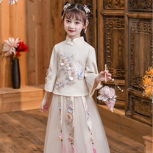 Hanfu Girl's 2024 New Spring Ancient Chinese Style Skirt Fairy Elegant Children's Two-piece Cheongsam Tang Suit