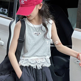 Ballet Style Lace Stitching Girls' Vest 2025 Summer New Children's Short Top Girls' Sleeveless Inner Top