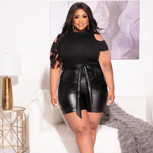 Amazon New Foreign Trade plus size European and American Fashion Women's Solid Color Shoulder Top Sexy Hip Leather Pants suit