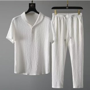 Summer Half Sleeve Ice Silk Linen suit Men's Cotton Linen Two-piece Set plus size Loose Middle Sleeve T-shirt Sportswear