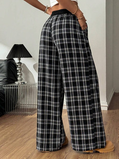 2025 European and American Cross-Border Amazon Fashion Retro Loose Elastic Elastic Waist Home Plaid Pattern Casual Pants
