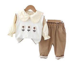 Spring and Autumn Fried Street Small and Medium-sized Baby Three-flower Vest Three-piece Set Korean Spring New Girls' Casual suit