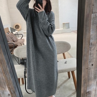 Winter Korean style hooded over-the-knee knitted dress 2023 New loose wool skirt bottoming long sweater skirt