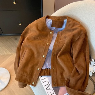 Vintage Brown Suede Maillard Coat Women's Spring and Autumn 2025 Design Sense Loose Casual Short Jacket Top