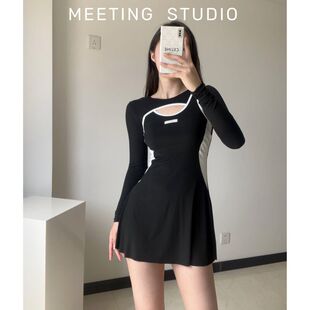 Swimwear Women's Summer New Conservative Long-sleeved South Korea Ins Spliced Skirt High Waist Belly-covering Slimming Swimwear Black