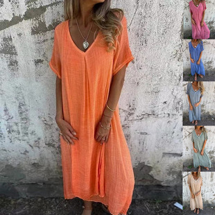 2025 new Amazon independent station Europe and the United States cross-border fashion cotton and linen V-collar semi-formal dress