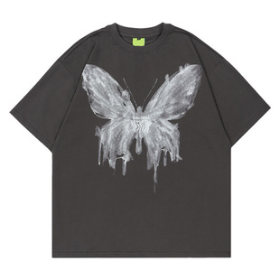 YPRS Men's pink Butterfly Printed oversize American Street Niche Loose Loose Couple Ins Short-sleeved T-shirt