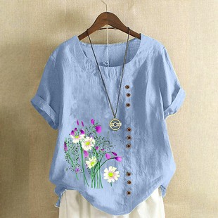 European and American Cross-border Women's Shirt Short-sleeved Single-breasted Printed Cotton and Linen Shirt Short-sleeved Round Neck Hem Split Top