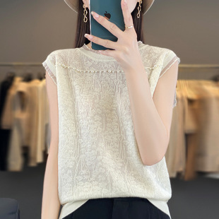 French Style Lace Hollow Beaded Vest for Women 2024 Spring and Summer New Elegant All-match Wool Knitted Short-sleeved T-shirt for Women
