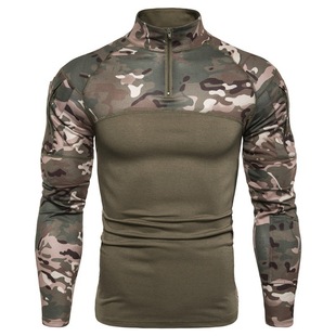 Cross-border Explosions Men's Long-sleeved Elastic Slim-fit Camouflage Polo Casual Stand Collar Cotton Autumn Youth Tactical T-shirt