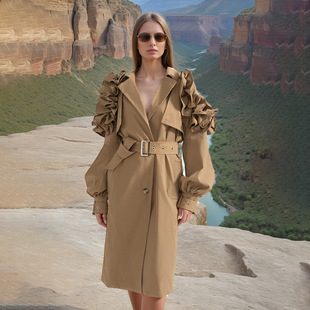 Elegant high-end trench coat for women 2025 spring new wooden ear stitching design long sleeve slim fit coat for women