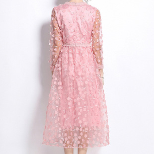 French Court Style High-grade V-neck dress Women's Spring and Autumn Mesh Heavy-industry Embroidery Design Temperament Ladies Dress