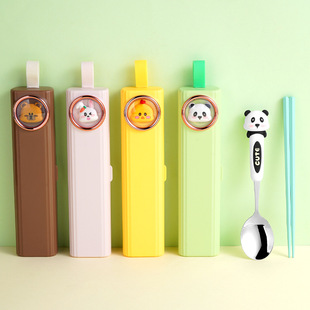 304 Stainless Steel Portable Tableware Cartoon Spoon Chopsticks Tableware suit Student Adult Portable Spoon Chopsticks Storage Box