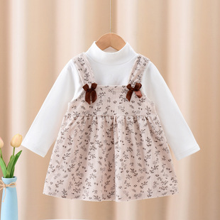 Girls' dress suit Spring and Autumn New High Collar Base Shirt Corduroy Strap Princess dress Two-piece Set