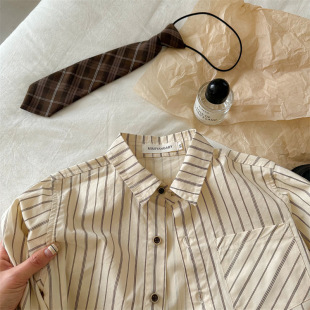 Children's Shirt 2024 Lin Lin Mom Autumn New Boys' Vertical Stripe Pocket Shirt Baby Tie Shirt Trendy Kids