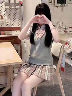 College Style suit Women's Stacked Pullover Knitted Sweater Vest Summer Original JK Uniform All-match Plaid Skirt Short Skirt