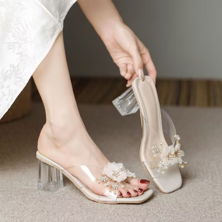 2026 Square Toe Open-Toe High-Heeled Sandals, Elegant and Versatile Crystal Stiletto Sandals for Women, Summer Wear, Comfortable Mid-Heel