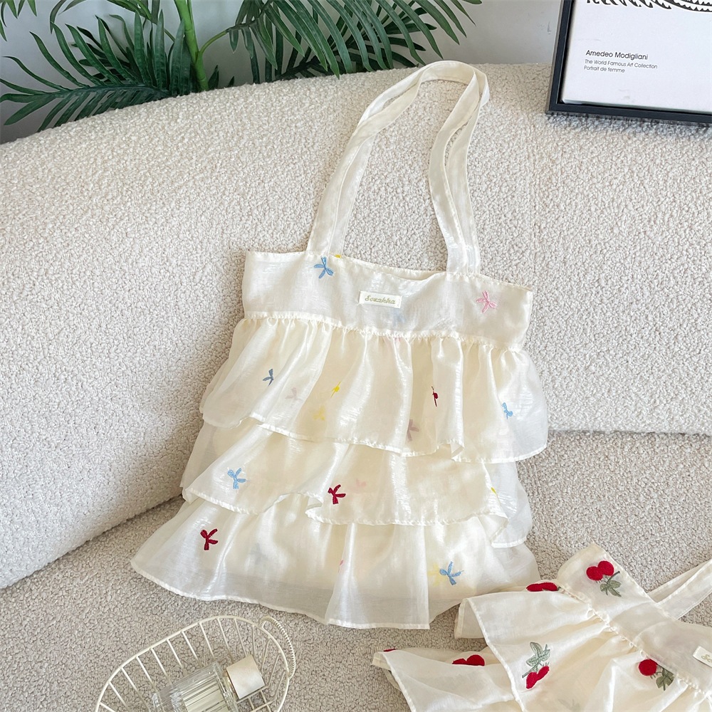 65236 Off-white organza cake skirt canvas bag, lightweight and sheer, girly style, everyday outing, single shoulder tote bag.