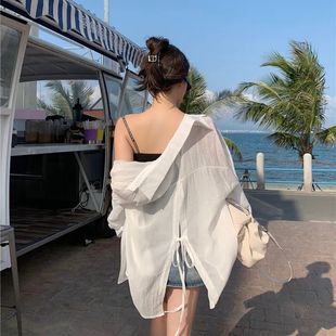 Thin Micro-transparent Long-sleeved Sunscreen Cardigan Back Split Lace-up Blue Shirt Women's Summer Fashion Casual Shirt Jacket
