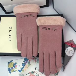 Fleece-lined gloves women's autumn and winter touch screen warm suede cute student gloves cycling winter thickened cold-proof