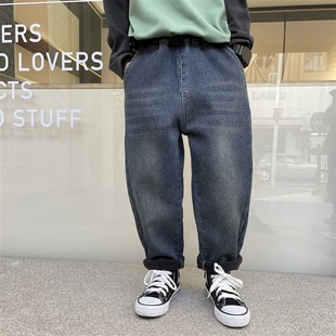 Boys' Olympic Grain Fleece fleece-lined Thickened Jeans 2024 Fall/Winter New Children's Korean Style Winter Trousers Trendy for Middle and Big Children