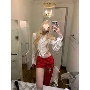 Niche Design Sexy Spice Girl Long-sleeved Shirt Top Irregular Wrap Hip Half-length Skirt Two-piece Women's Summer