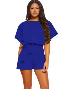 2025 Summer Fashion Lace-Up Button Short-Sleeved Women's Jumpsuit Casual Pants in Stock Are Guangzhou Polyester Polyester Fiber