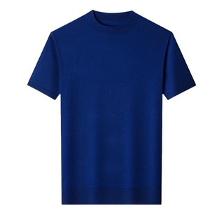 Summer Short-sleeved Men's 6 Wool T-shirt Semi-high Crewneck Fashion Casual Loose Knitted Shirt Half-sleeved Wool Base Shirt