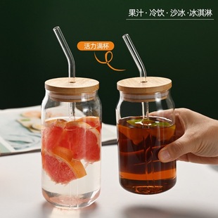 Factory borosilicate glass Coke cup straw Cup household transparent glass water cup with lid single layer net Red Cup wholesale