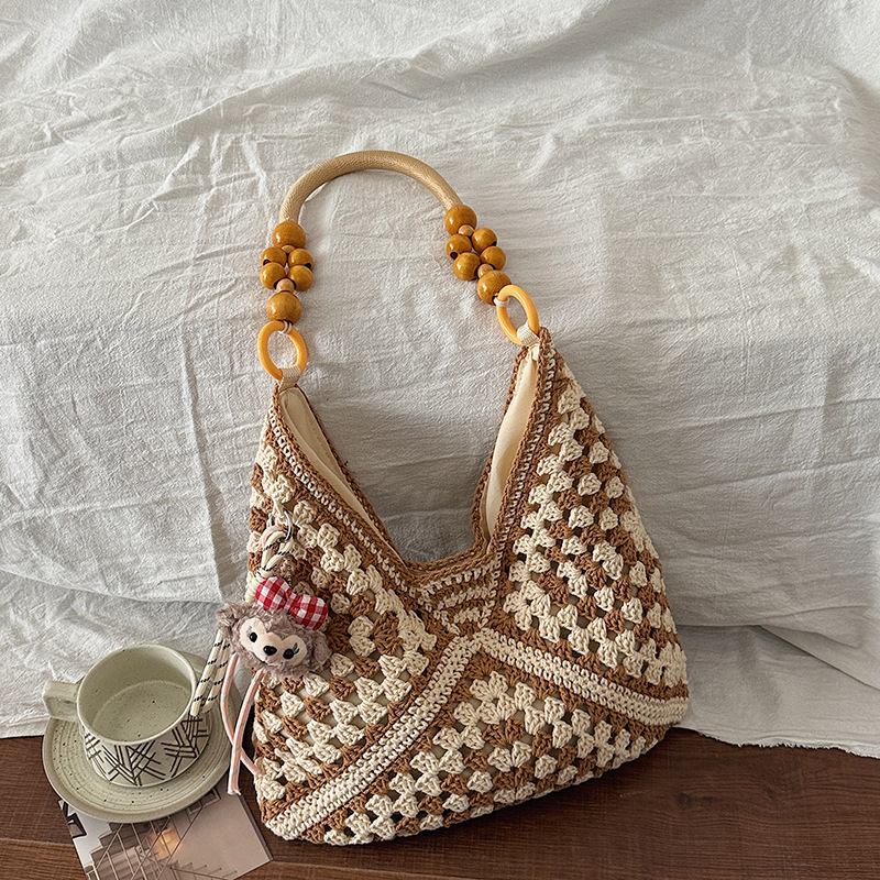Stylish straw tote bag, large capacity, relaxed style, women's summer vacation shoulder bag, commuter bag, woven handbag, cross-border