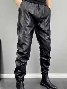 Design Sense Leather Pants Men's Motorcycle Riding Windproof Ankle Pants with Martin Boots Pants Warm fleece-lined Casual Pants