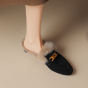 Rabbit fur genuine leather high-grade plush slippers women's outer wear frosted sheepskin half slippers Muller shoes autumn and winter single shoes plus size